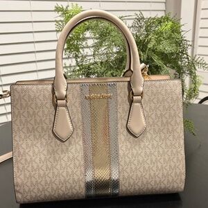 Michael Kors Neutral Signature Satchel with Metallic Center Stripe